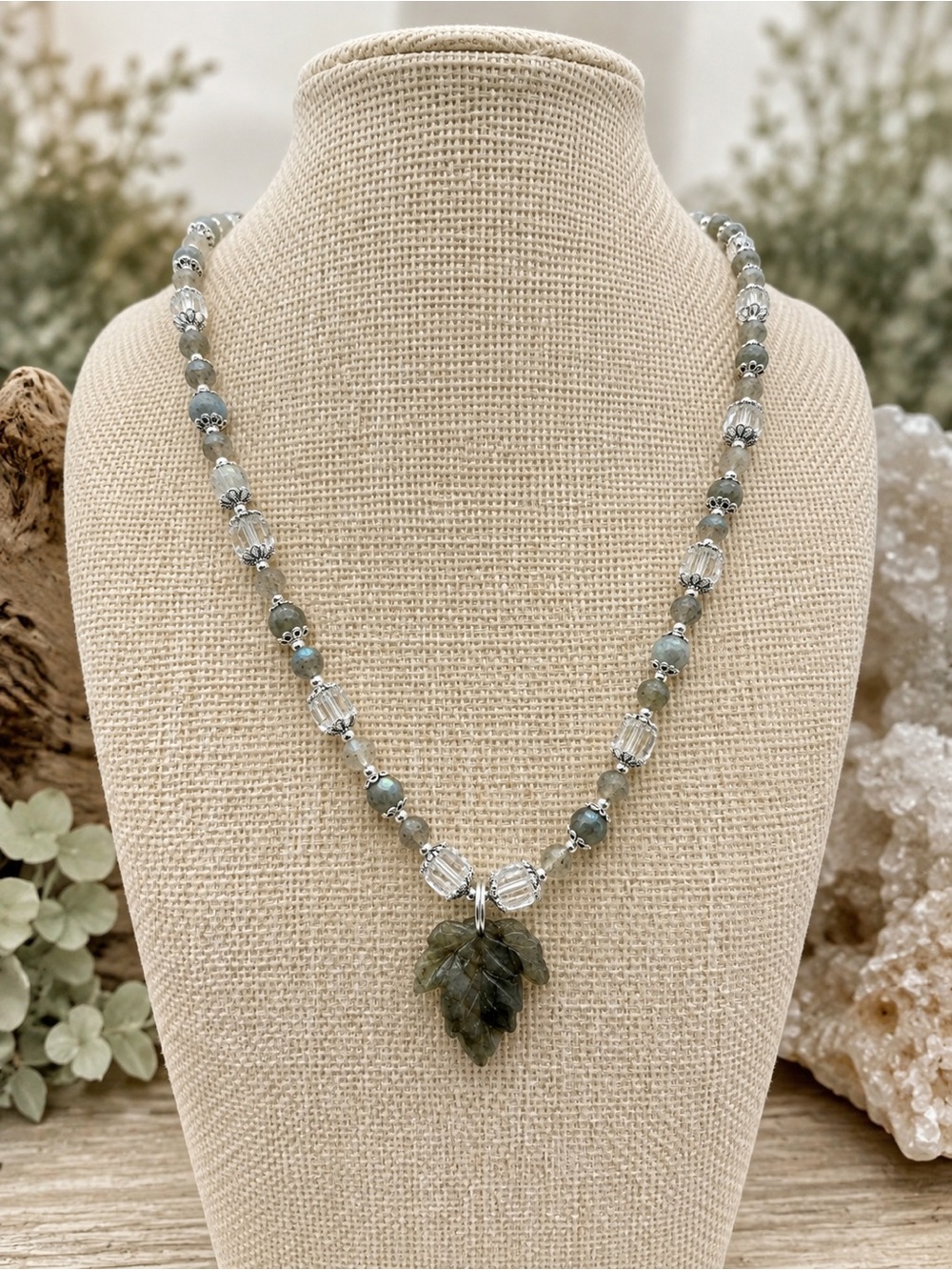 Artisan Labradorite Carved Leaf Crystal Sterling Silver Necklace 18” Iridescence
